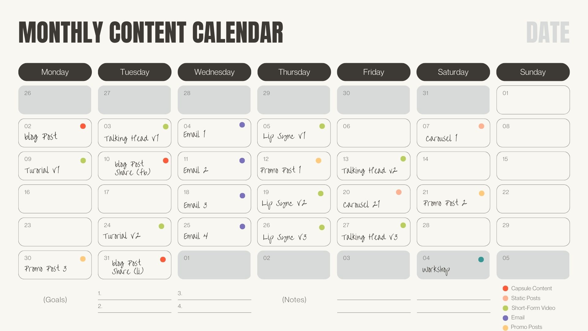 Sample Capsule Content Calendar for the minimalist content strategy